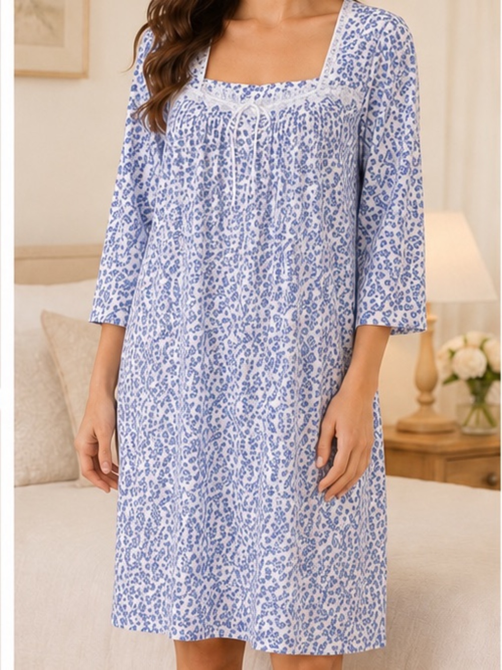 Eileen West Blue Floral 100% Cotton Long Sleeve Lace Neck Nightgown L